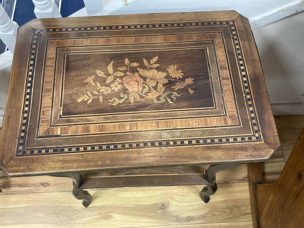 A French marquetry inlaid kingwood and walnut two tier work table, width 57cm, depth 39cm, height 74cm